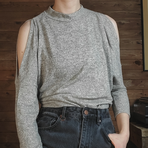 Mock Neck Shoulder Cut Out Long Sleeve Shirt - Picture 2 of 6